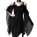 Dark Romantic Off-the-Shoulder Gothic Midi Dress with Dramatic Flowing Sleeves