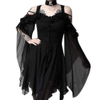 Dark Romantic Off-the-Shoulder Gothic Midi Dress with Dramatic Flowing Sleeves