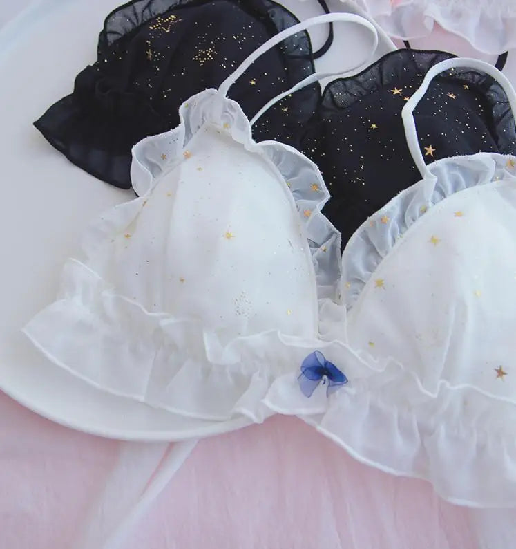 Black Star Print Wire-Free Bra and Ruffled Panty Set with Gold Accents