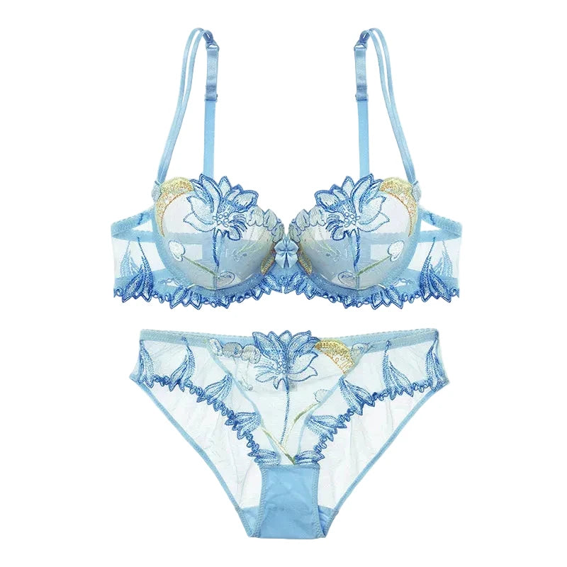 Ethereal Light Blue Sheer Mesh and Floral Embroidery Lingerie Set