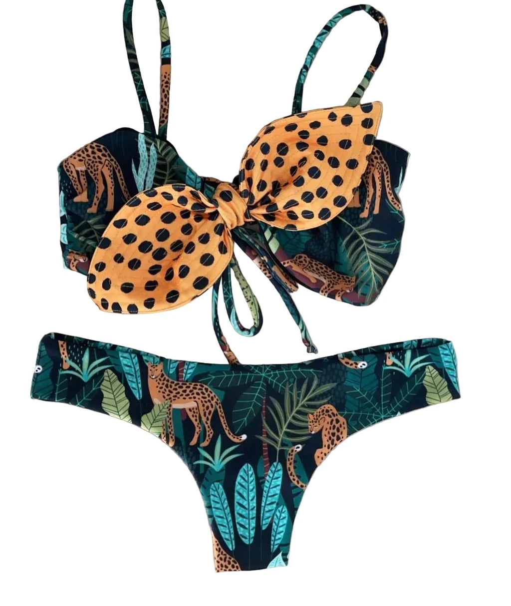 Tropical Animal Print Bikini Set with Oversized Front Bow Detail