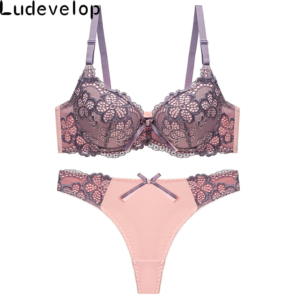 Sophisticated Two-Tone Floral Lace Push-Up Bra and Thong Ensemble