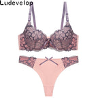 Sophisticated Two-Tone Floral Lace Push-Up Bra and Thong Ensemble