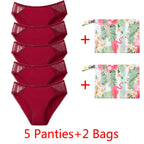 Five-Piece Black Menstrual Brief Set with Sheer Mesh Panels and Travel Bags