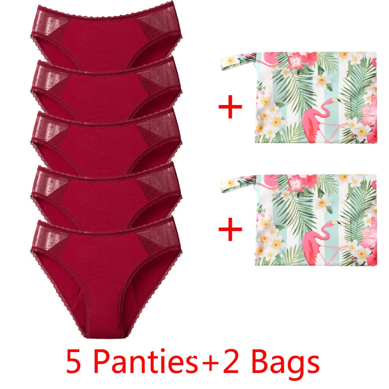 Five-Piece Black Menstrual Brief Set with Sheer Mesh Panels and Travel Bags