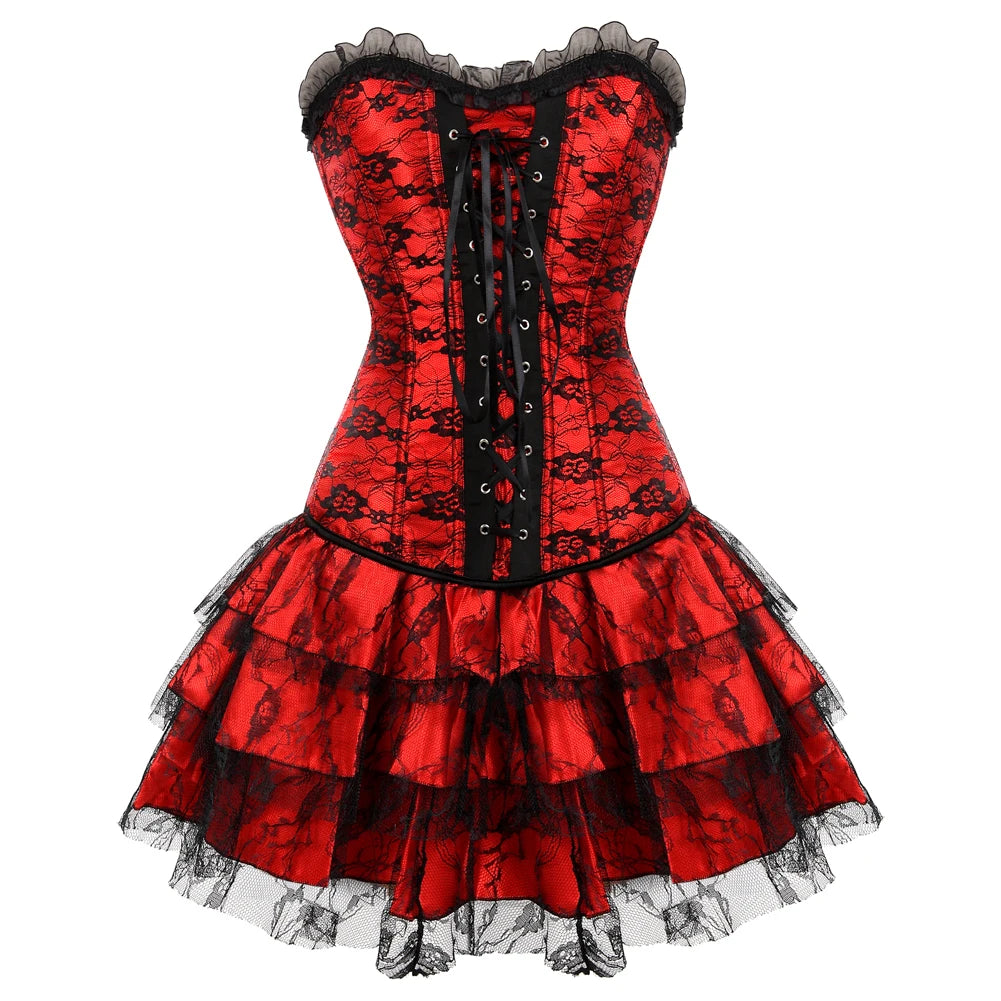 Dramatic Red and Black Lace Overbust Corset with Sweetheart Neckline and Front Busk