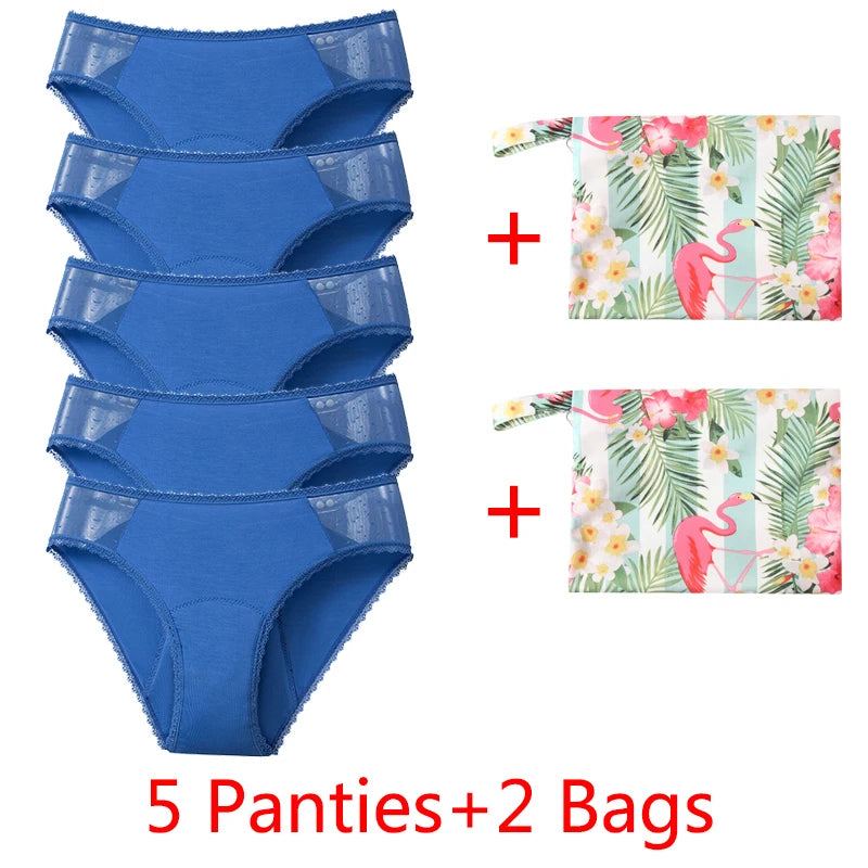 Five-Piece Black Menstrual Brief Set with Sheer Mesh Panels and Travel Bags