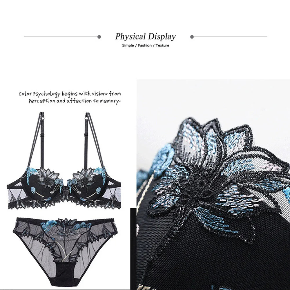 Ethereal Light Blue Sheer Mesh and Floral Embroidery Lingerie Set