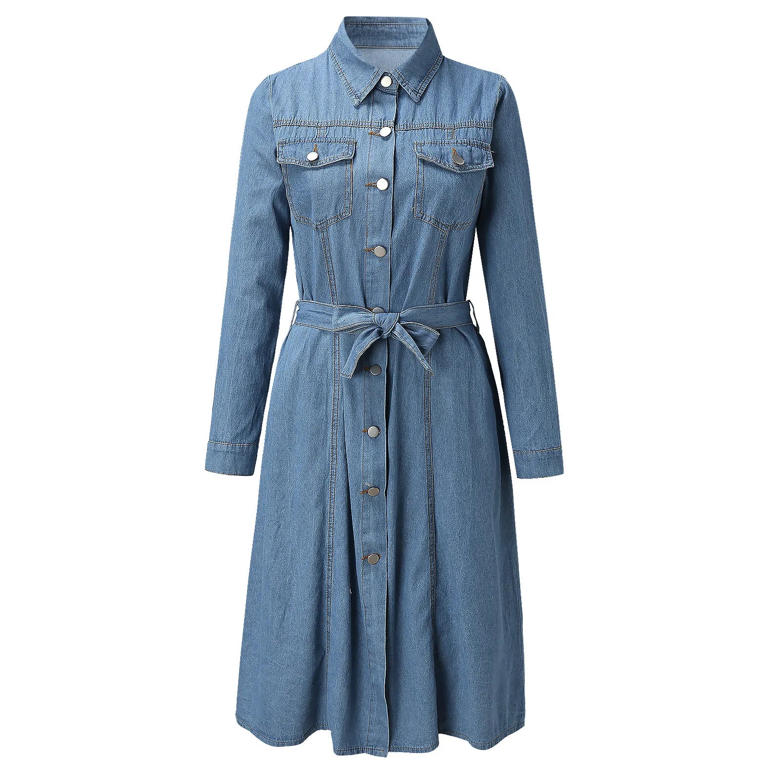 Women's Denim Shirt Midi Dress with Long Sleeves, Tie Waist and Relaxed A-Line Silhouette