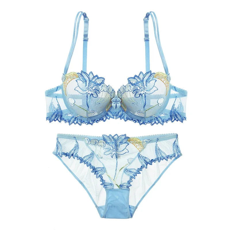 Ethereal Light Blue Sheer Mesh and Floral Embroidery Lingerie Set