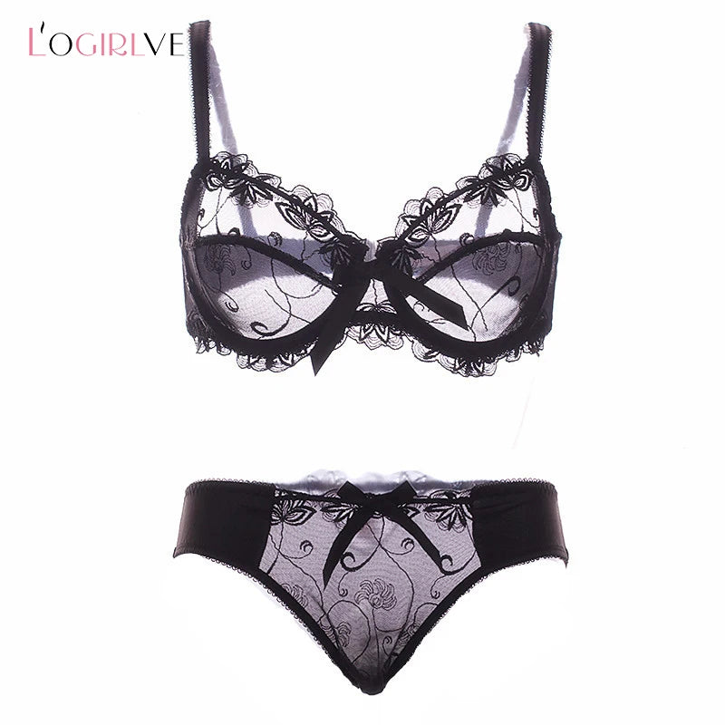 Romantic Dusty Pink Floral Embroidered Underwire Bra and Brief Set