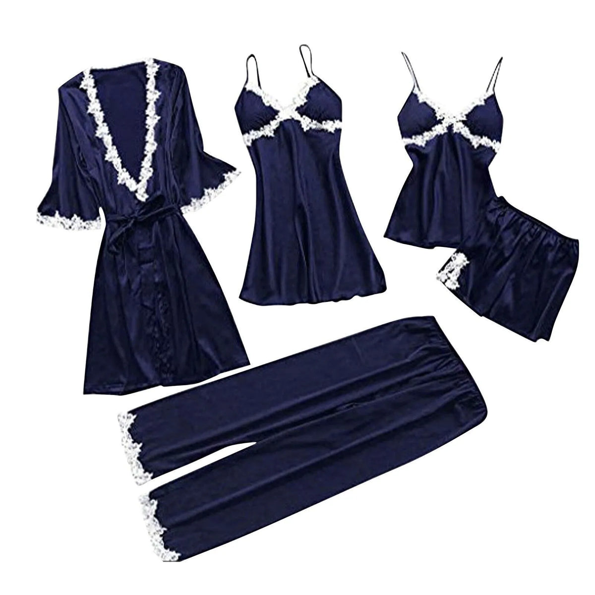Striking 5-Piece Emerald Green Loungewear Set with Contrast White Lace Detailing