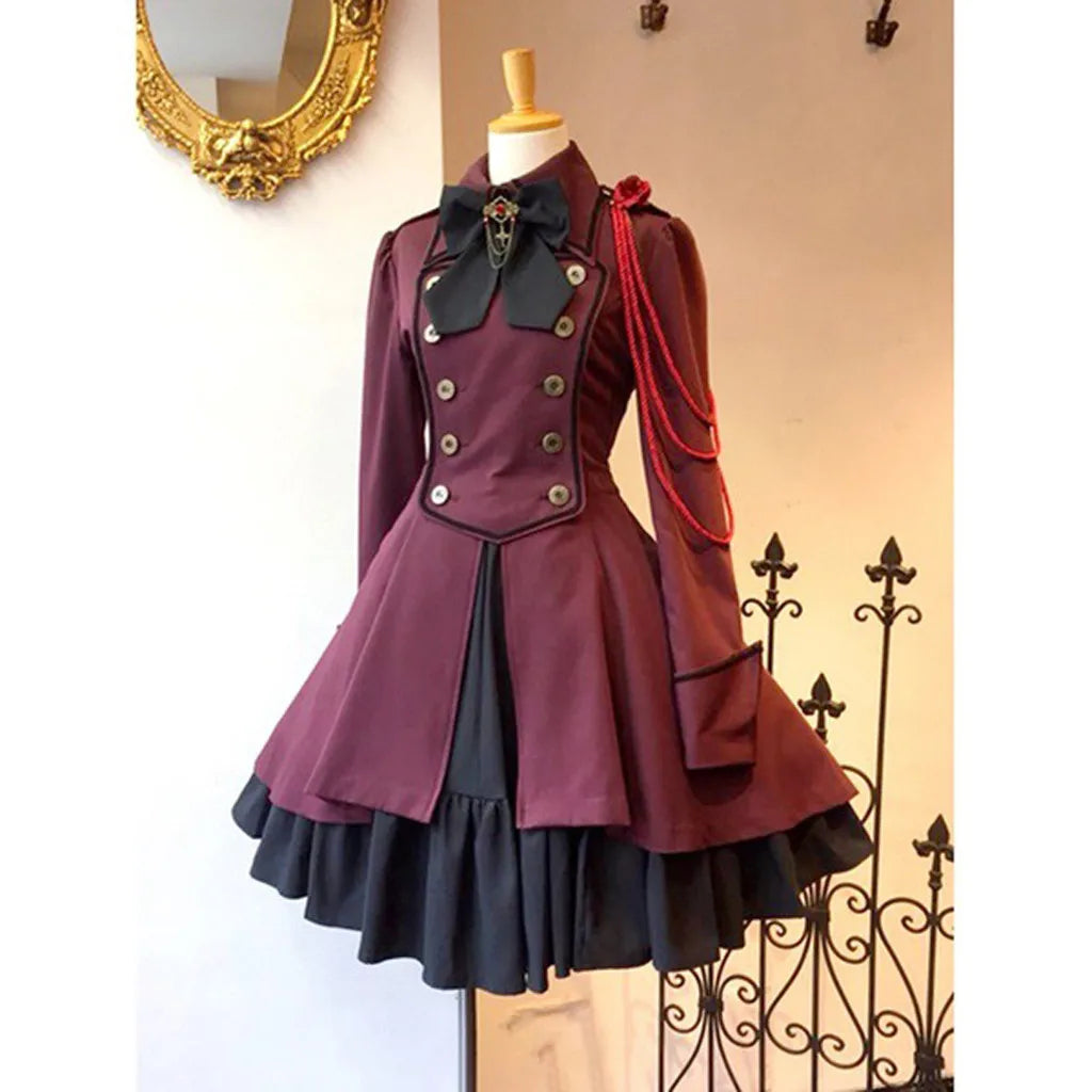Black Gothic-Inspired Coat Dress with Cream Layered Skirt and Red Shoulder Detail