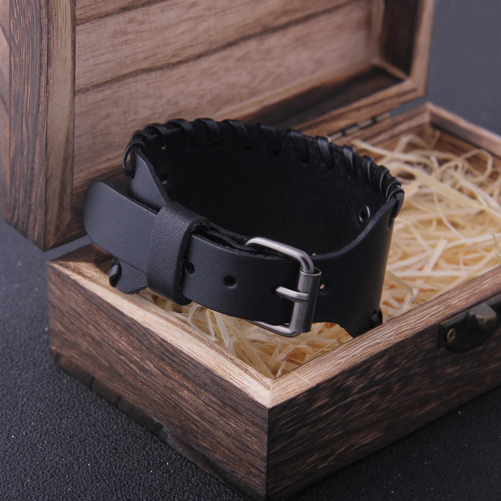 Wide Punk Braided Cuff Bracelet with Rugged Nordic Inspired Detailing
