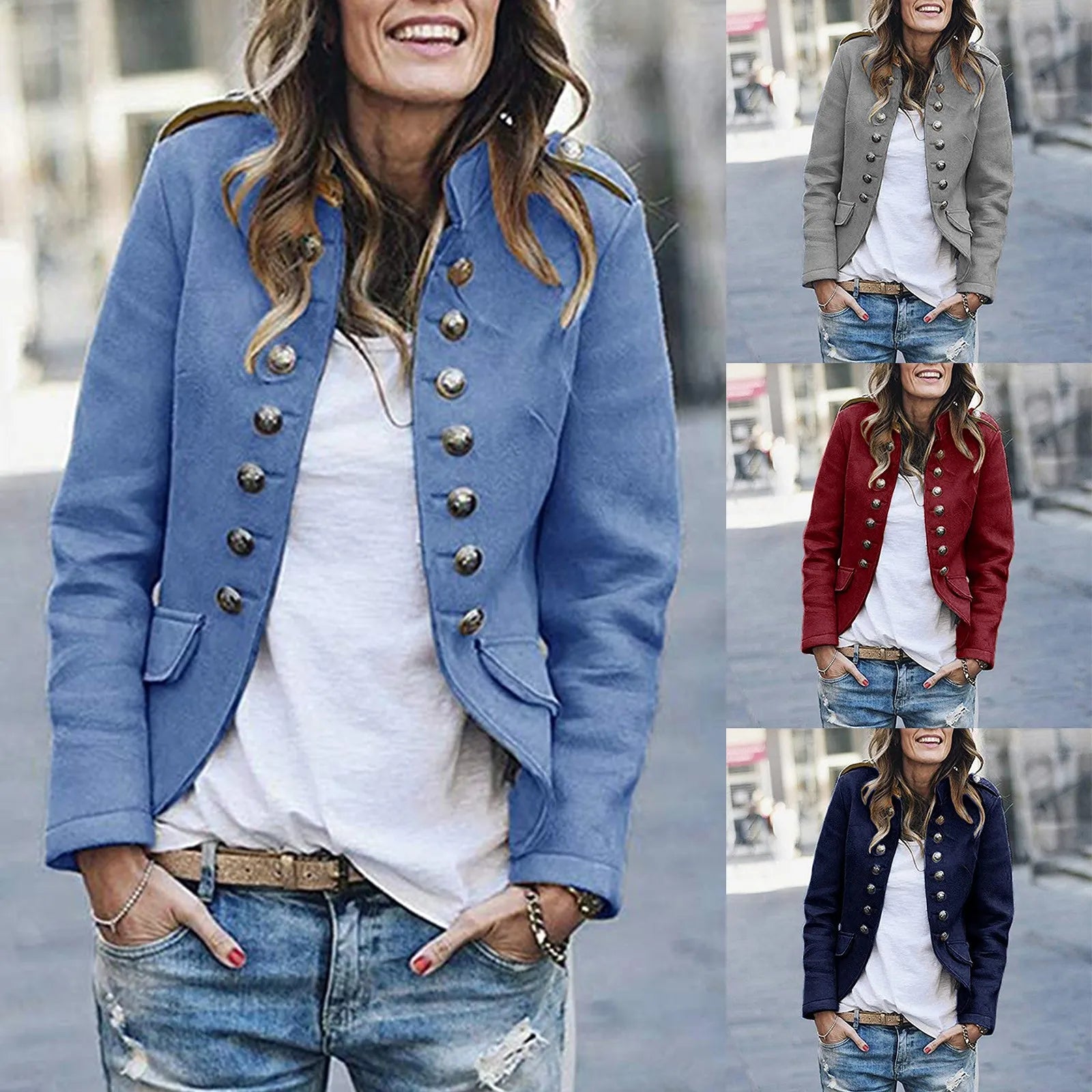 Women's Double Breasted Button Jacket Tailored Casual Layering Coat with Functional Pocket Design