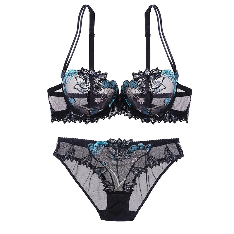 Ethereal Light Blue Sheer Mesh and Floral Embroidery Lingerie Set