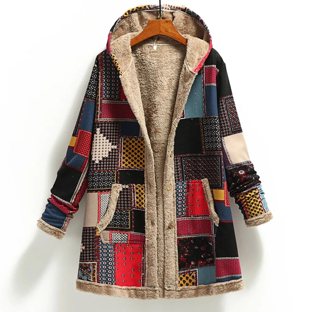 Women's Oversized Hooded Patchwork Sherpa Lined Utility Jacket with Button Front Streetwear Style