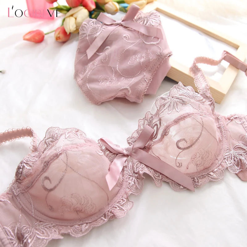 Romantic Dusty Pink Floral Embroidered Underwire Bra and Brief Set