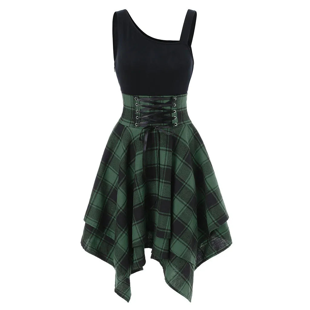 Gothic Plaid Skater Dress with Alternative Fashion Style