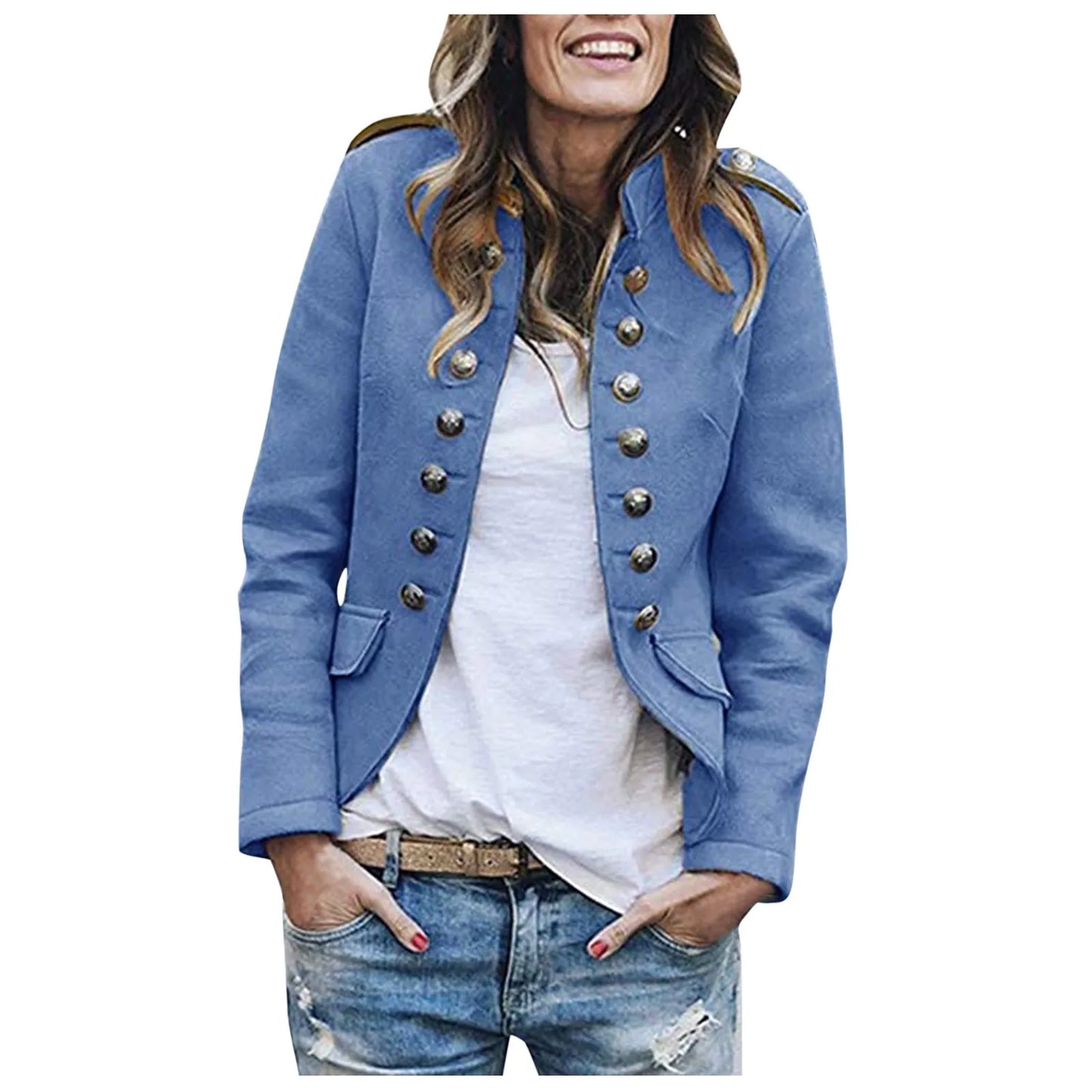Women's Double Breasted Button Jacket Tailored Casual Layering Coat with Functional Pocket Design