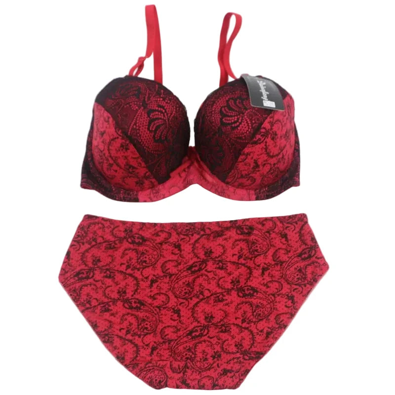 Bold Crimson and Black Floral Lace Push-Up Bra and Panty Set