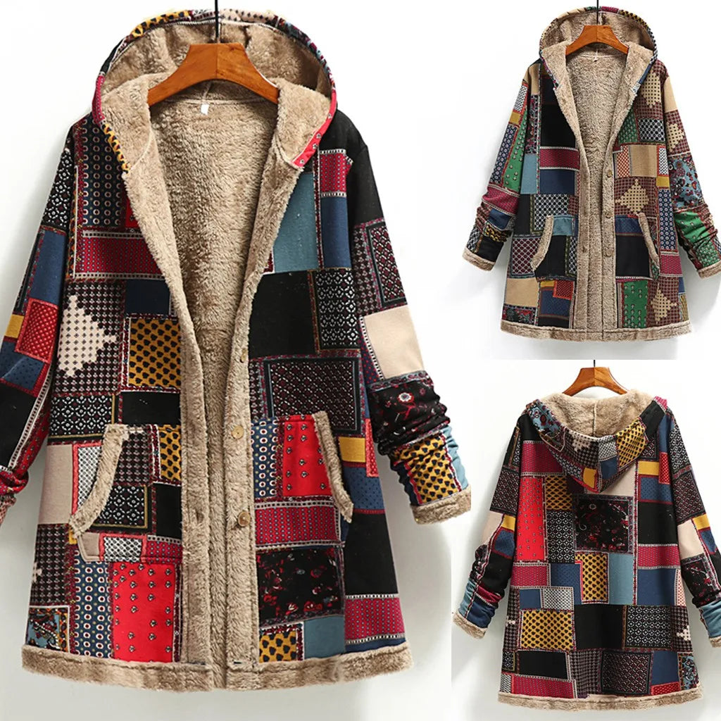 Women's Oversized Hooded Patchwork Sherpa Lined Utility Jacket with Button Front Streetwear Style