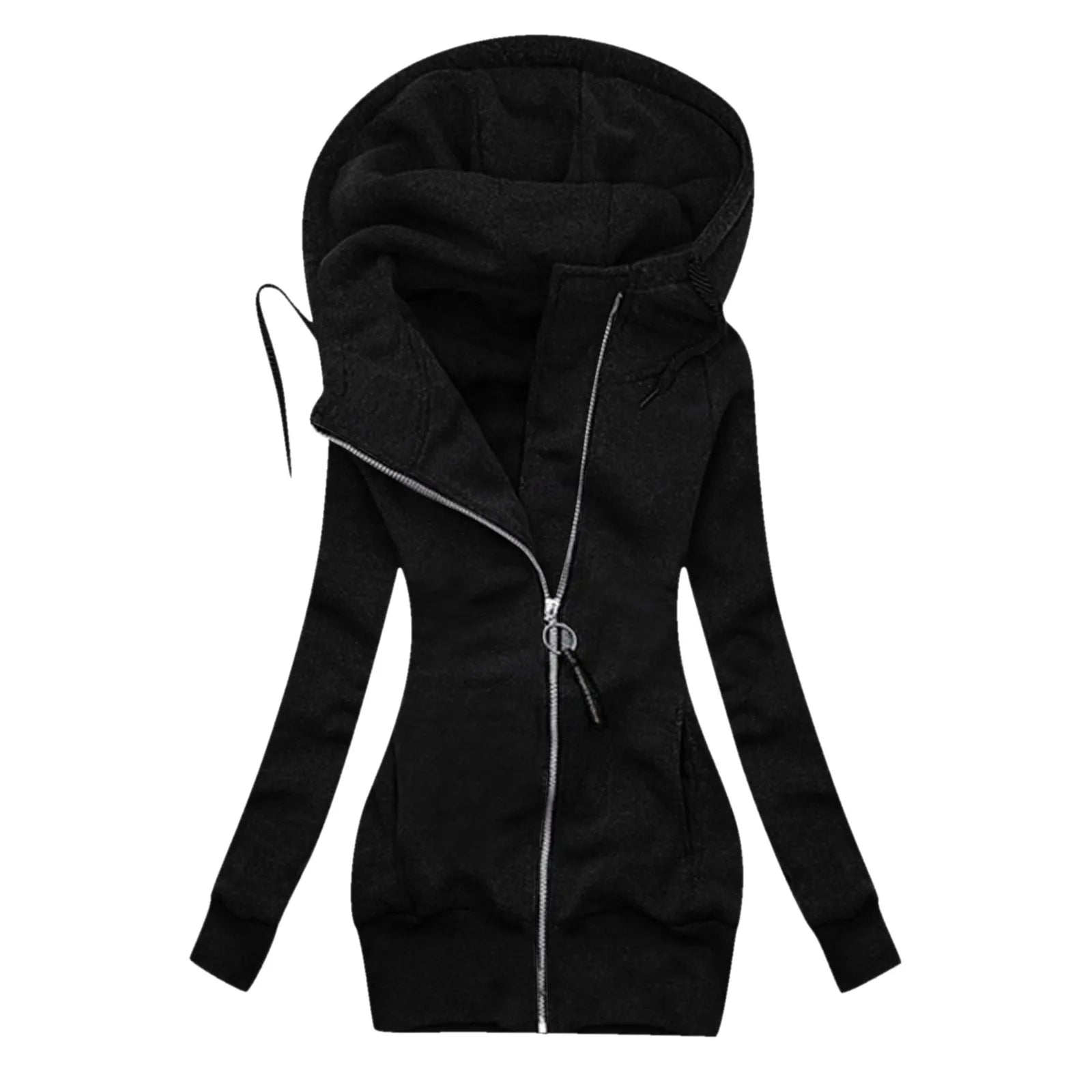 Women's Long Hooded Zip Jacket with Slim Fit Everyday Streetwear Layering Design