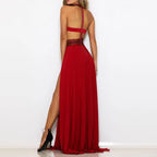 Dramatic Lace Halter Maxi Dress with Sheer Waist and Double High Slits