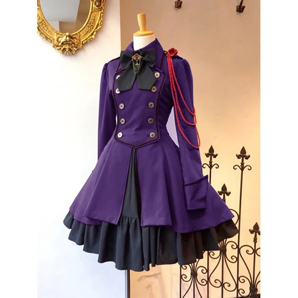 Black Gothic-Inspired Coat Dress with Cream Layered Skirt and Red Shoulder Detail