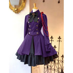 Black Gothic-Inspired Coat Dress with Cream Layered Skirt and Red Shoulder Detail