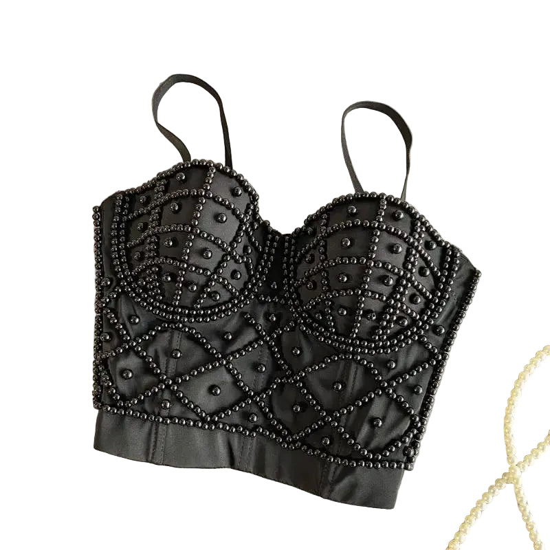 Opulent Black Beaded Bustier Camisole with Geometric Pearl Detailing