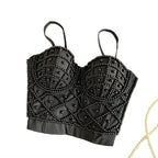 Opulent Black Beaded Bustier Camisole with Geometric Pearl Detailing
