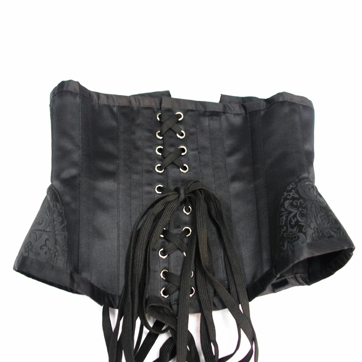 Classic Black Underbust Corset with Metal Busk and Floral Jacquard Panels