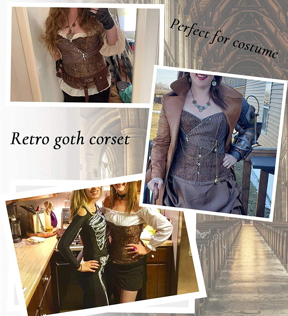 Vintage Brocade Corset Top with Buckle Accents and Lace-Up Back Design