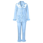 Luxurious Two-Piece Button-Down Pajama Set with Dramatic Feather Trim Accents