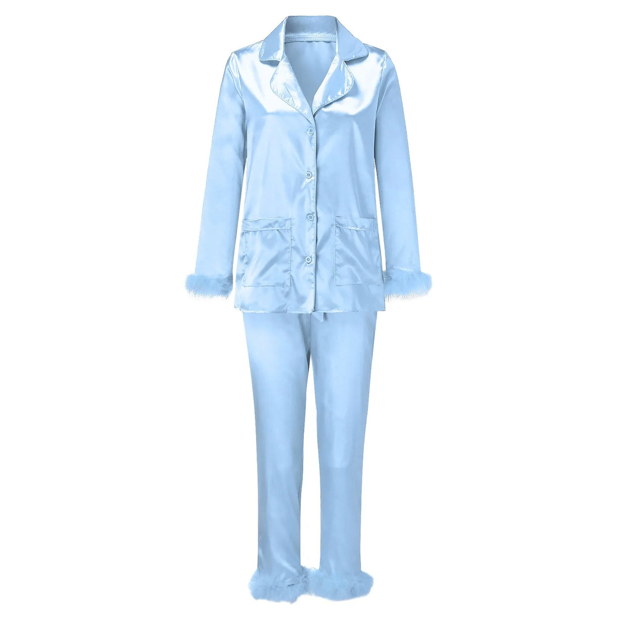 Luxurious Two-Piece Button-Down Pajama Set with Dramatic Feather Trim Accents