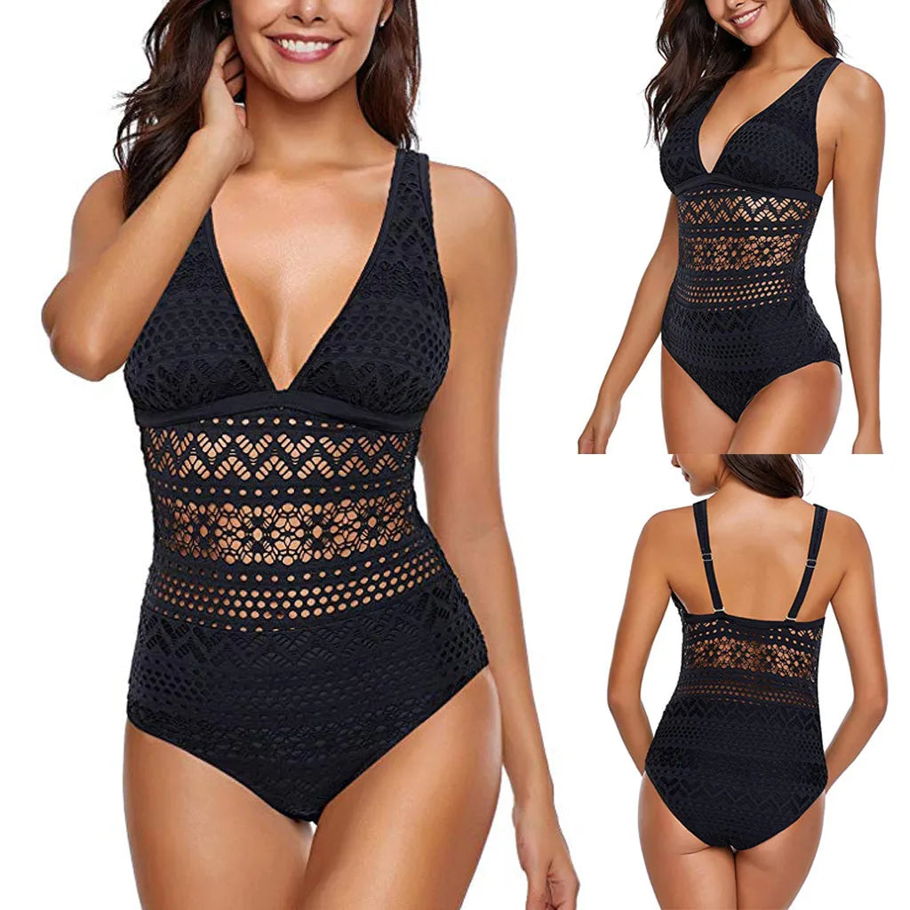 Black Ruched One-Piece Swimsuit with Deep V-Neck, Contrast Trim and Sleek Shaping-Inspired Silhouette