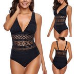 Black Ruched One-Piece Swimsuit with Deep V-Neck, Contrast Trim and Sleek Shaping-Inspired Silhouette