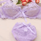 Romantic Dusty Pink Floral Embroidered Underwire Bra and Brief Set