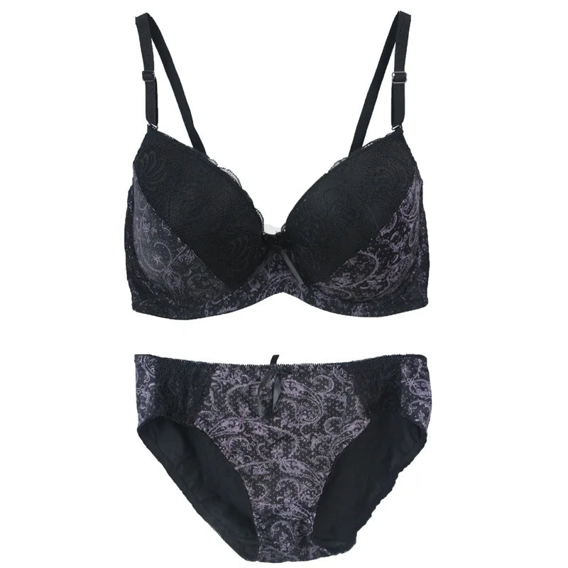 Bold Crimson and Black Floral Lace Push-Up Bra and Panty Set