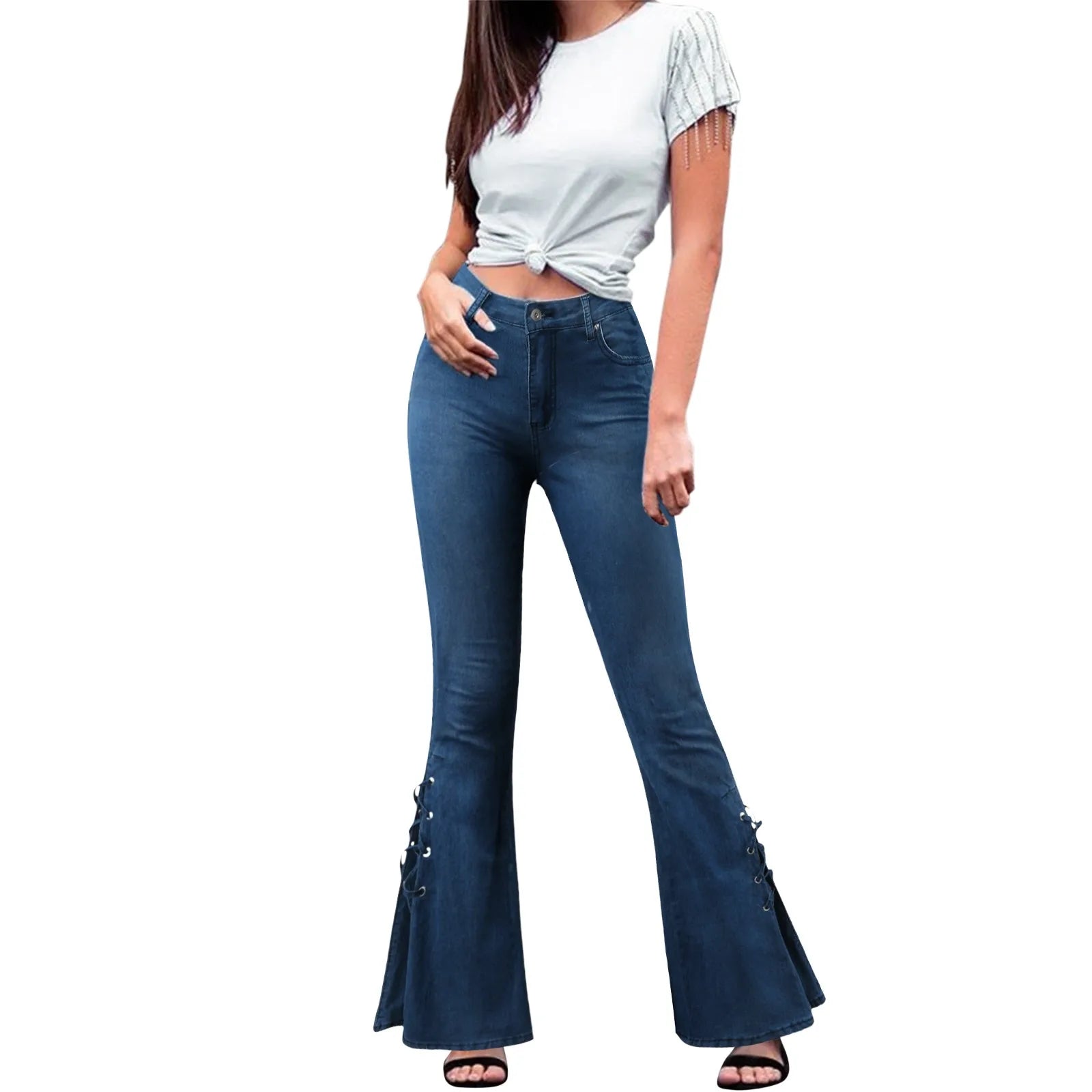 Women's High Waist Flared Stretch Denim Jeans with Lace-Up Streetwear Bell Bottom Style