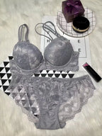 Romantic Light Pink Floral Lace Underwire Bra and Textured Panty Set