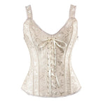 Red and Black Polka Dot Overbust Corset with Lace Overlay and Ruffled Trim