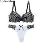 Sophisticated Two-Tone Floral Lace Push-Up Bra and Thong Ensemble