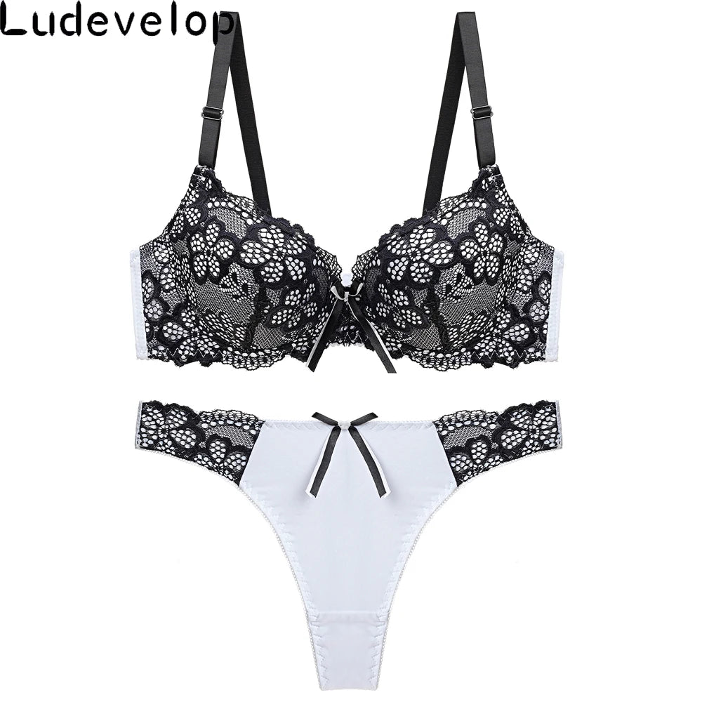 Sophisticated Two-Tone Floral Lace Push-Up Bra and Thong Ensemble