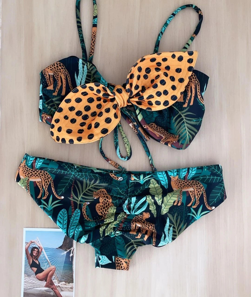 Tropical Animal Print Bikini Set with Oversized Front Bow Detail