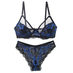 Emerald Green and Black Floral Lace Underwire Bra and Panty Set with Strappy Accents