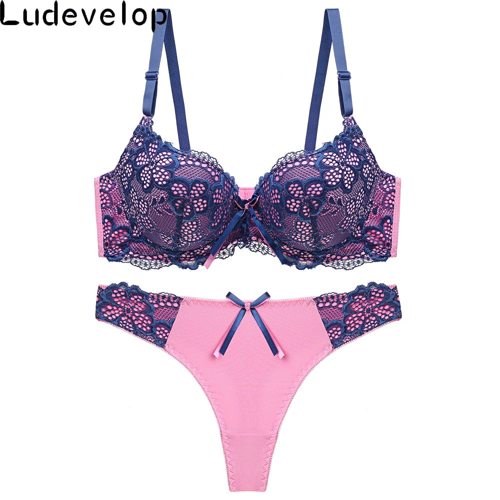 Sophisticated Two-Tone Floral Lace Push-Up Bra and Thong Ensemble