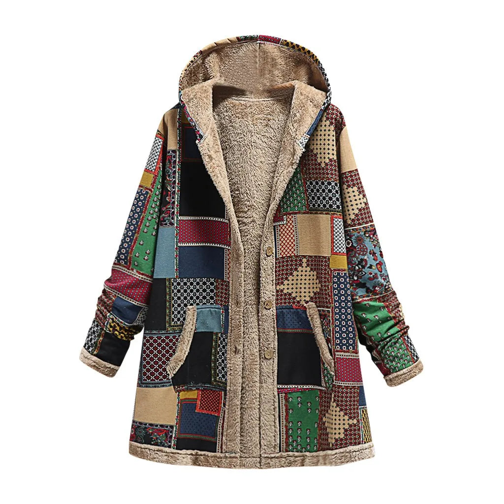 Women's Oversized Hooded Patchwork Sherpa Lined Utility Jacket with Button Front Streetwear Style