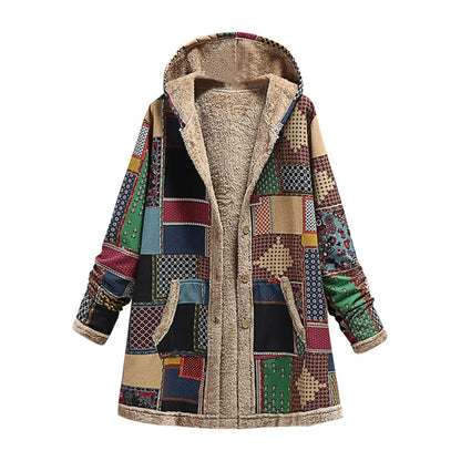 Women's Oversized Hooded Patchwork Sherpa Lined Utility Jacket with Button Front Streetwear Style